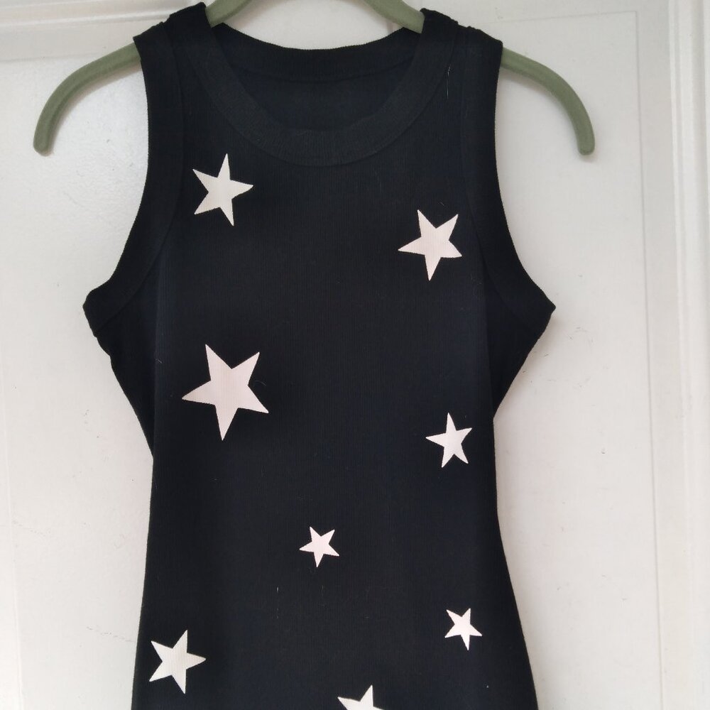 BLACK WITH WHITE STARS TANK TOP SLEEVELESS TOP SIZE SMALL RIBBED